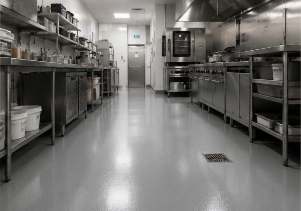 commercial-resin-flooring-kitchen-south-wales Commercial epoxy resin flooring in a professional kitchen designed for hygiene and durability