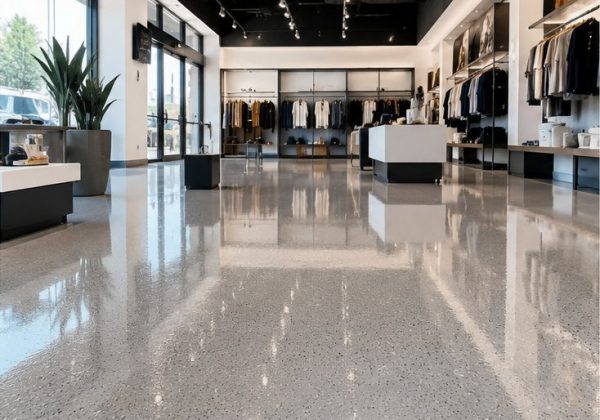commercial-resin-flooring-showroom-south-wales Commercial resin flooring in a modern showroom with a high-gloss decorative finish