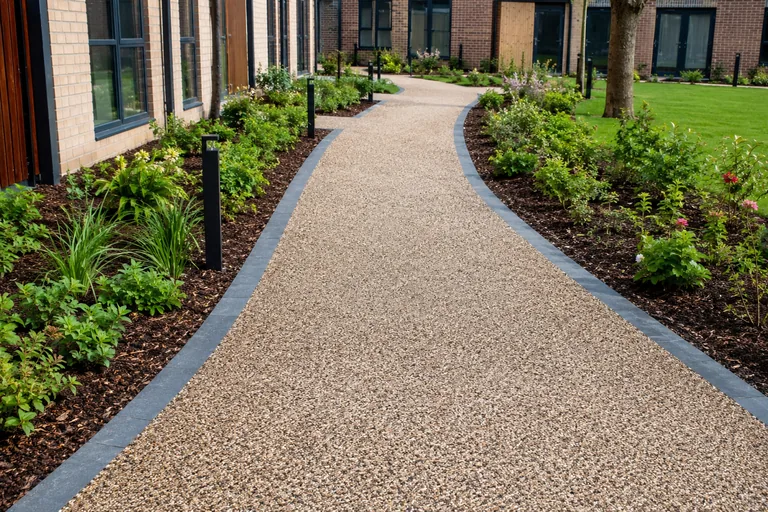 Commercial resin bound pathway through a landscaped development
