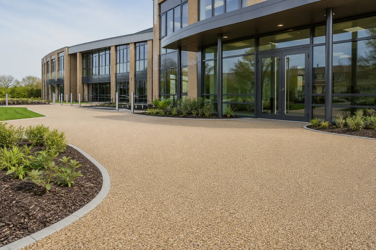 Commercial building entrance with decorative resin bound surfacing