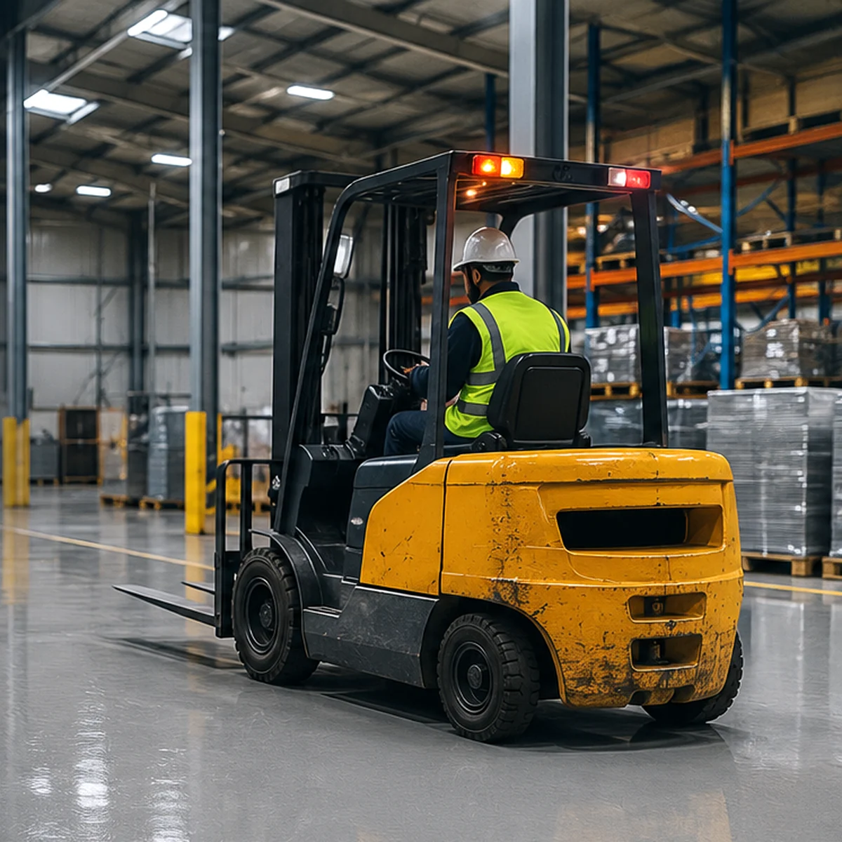 Forklift operating on durable industrial resin flooring in a warehouse