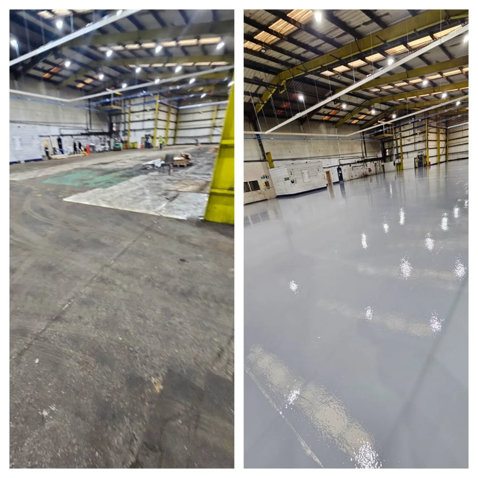 Industrial warehouse floor refurbishment before and after resin flooring in South Wales