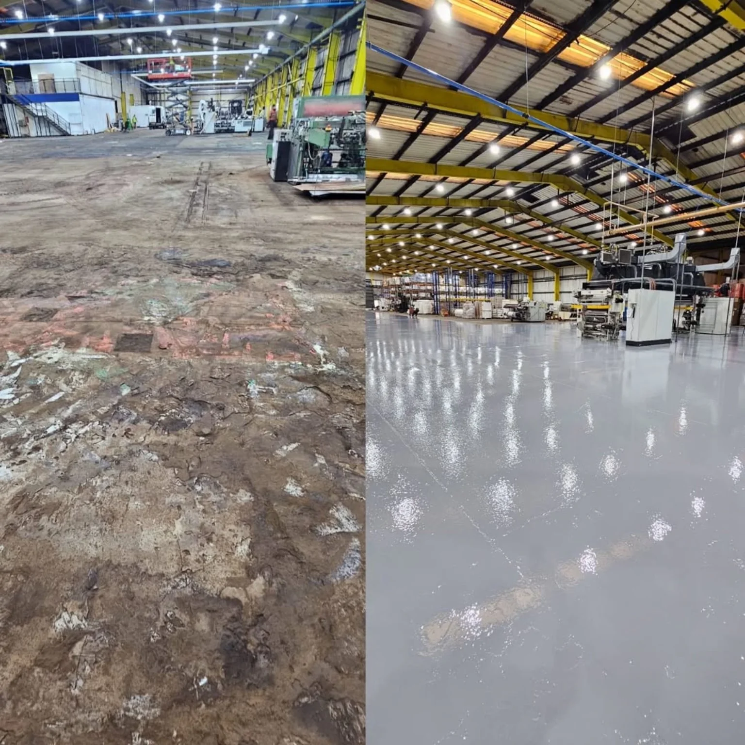 Neglected industrial warehouse floor before and after epoxy resin flooring refurbishment in South Wales