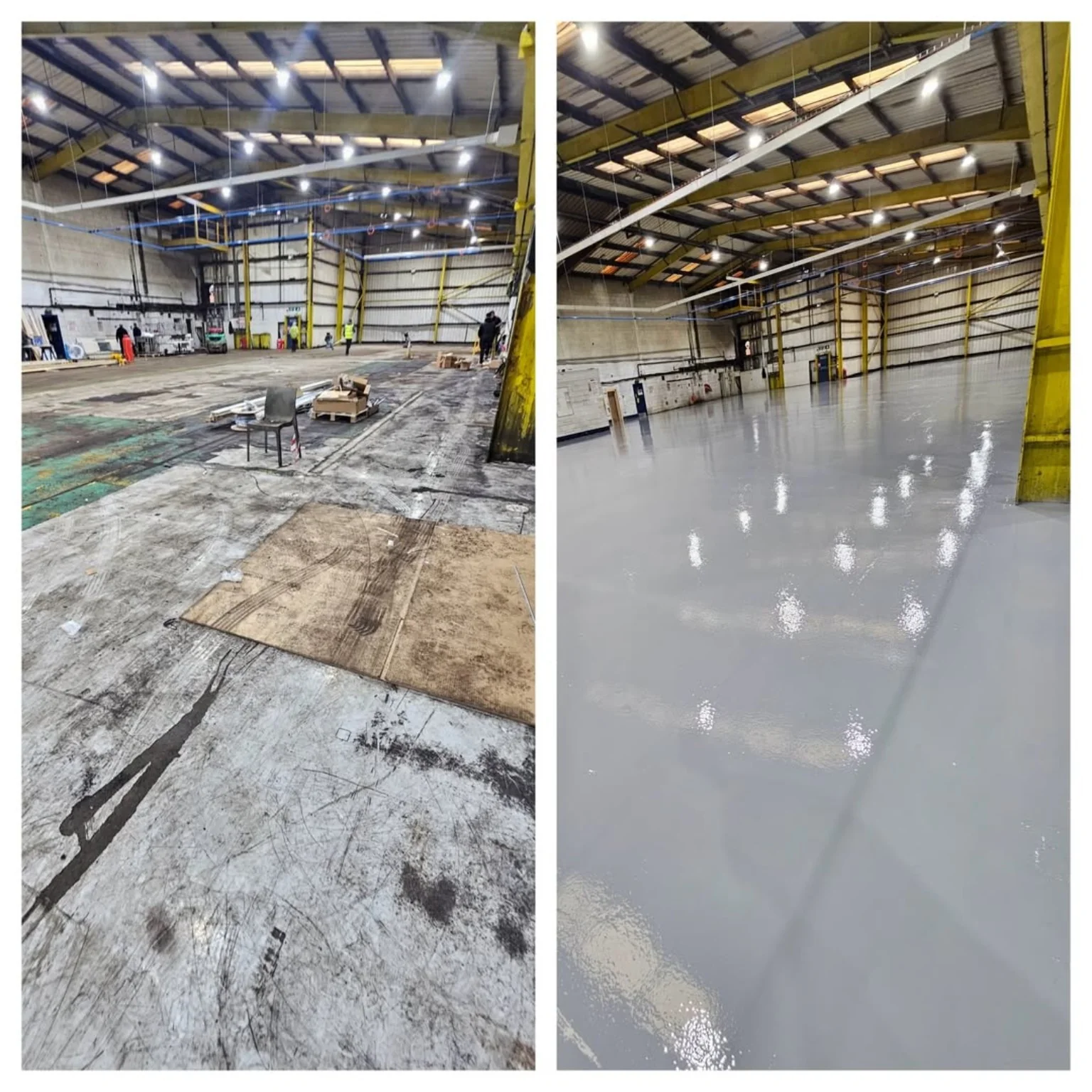 Damaged warehouse concrete floor before and after epoxy flooring refurbishment in Rhondda