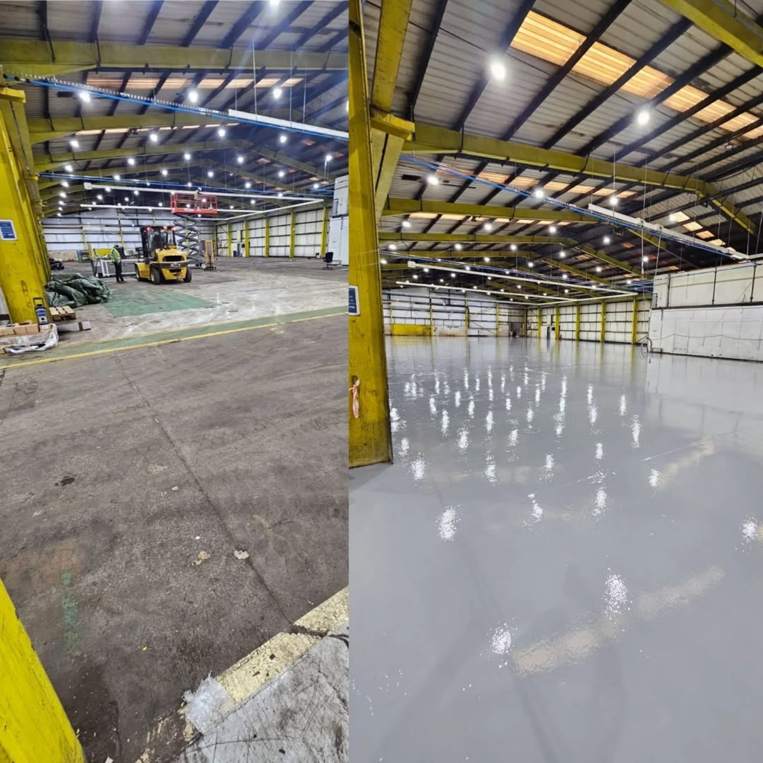 Warehouse floor with forklift before and after industrial resin flooring refurbishment in Rhondda