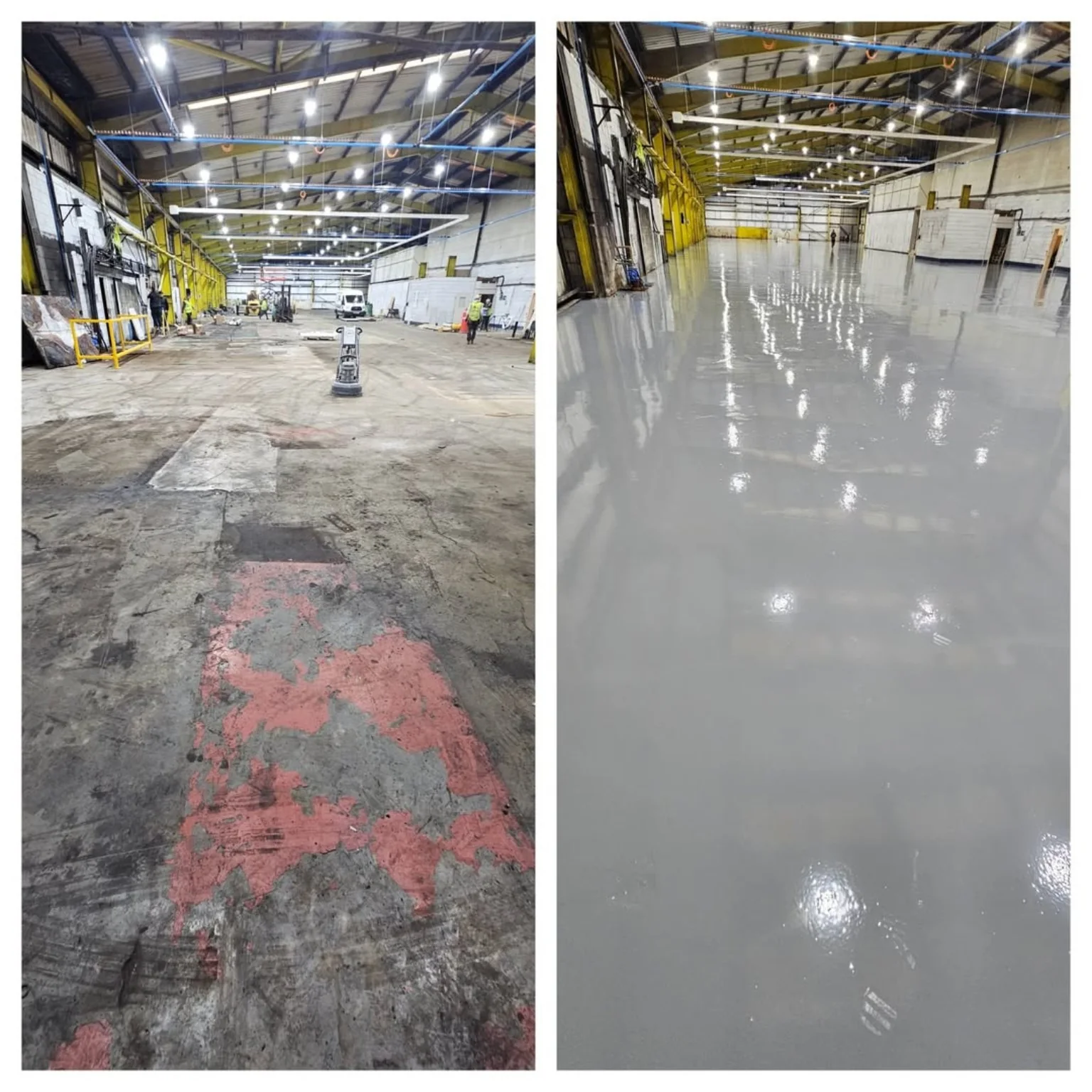 Warehouse floor preparation before and after epoxy resin flooring installation in Rhondda