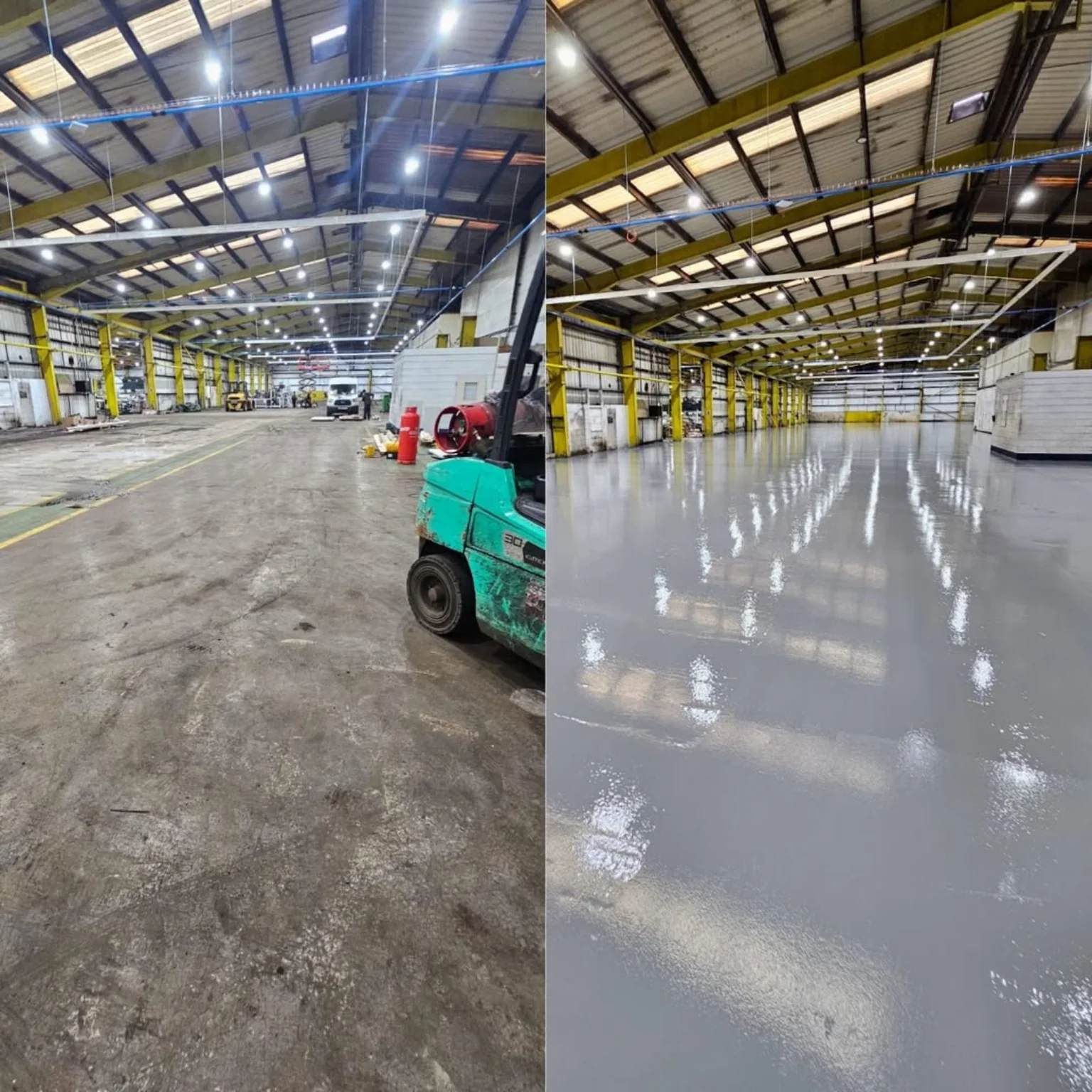 Warehouse flooring phase showing existing concrete and completed grey resin floor in Rhondda