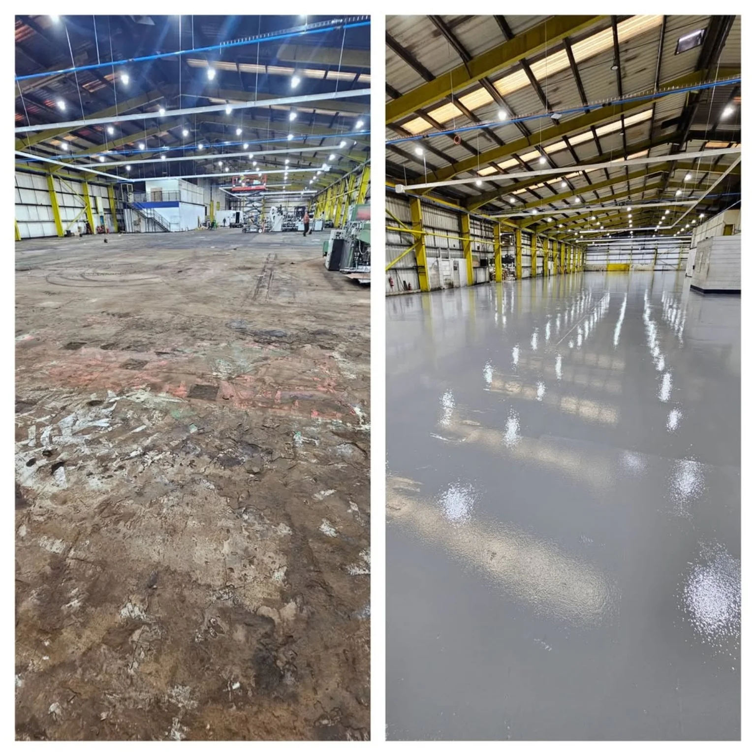 Before and after warehouse resin flooring refurbishment in Rhondda South Wales