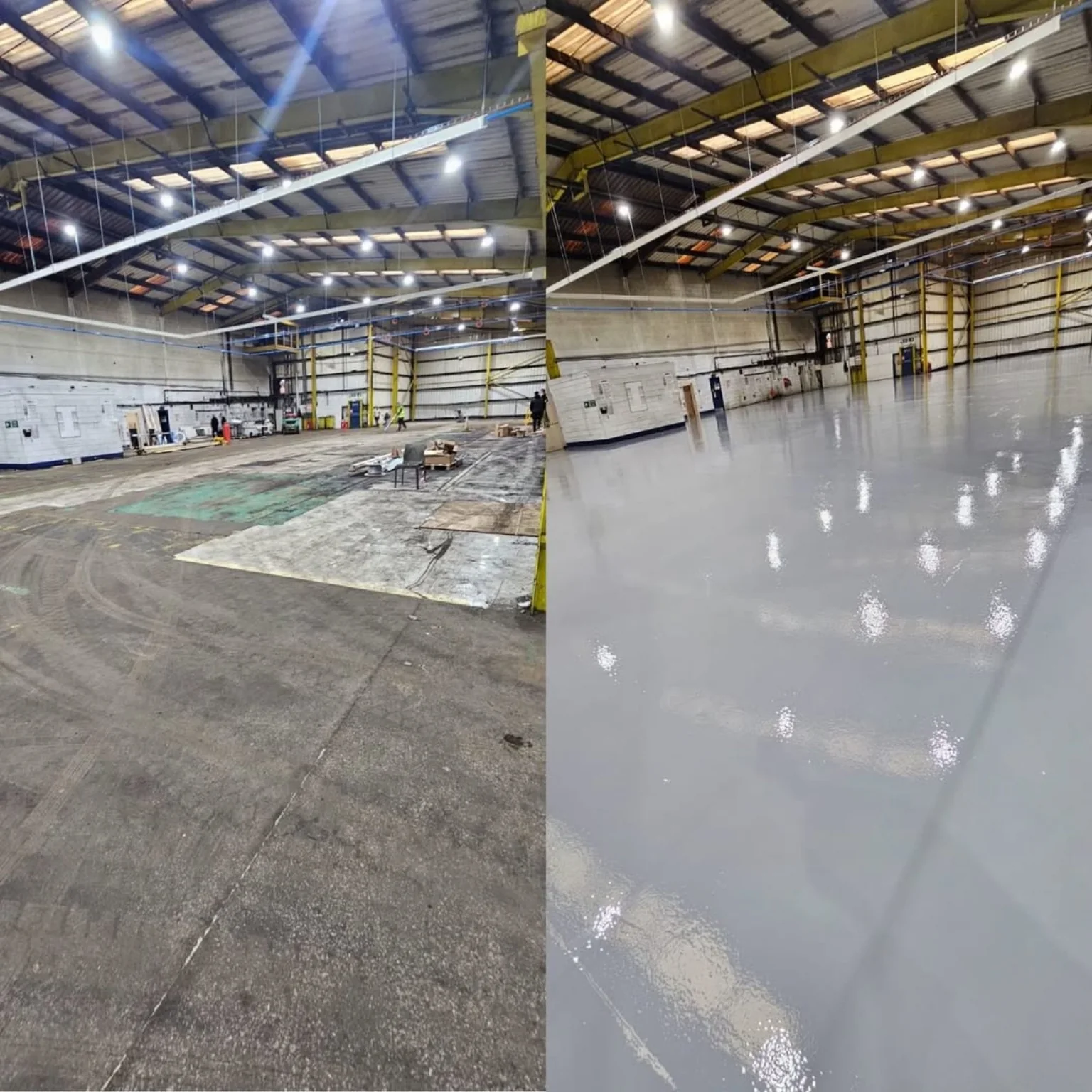 Large warehouse floor transformation from worn concrete to grey epoxy resin flooring in Rhondda