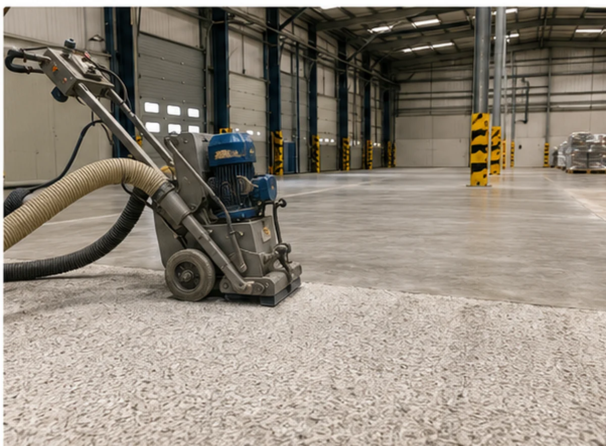 Shot blasting industrial concrete floor preparation before resin flooring