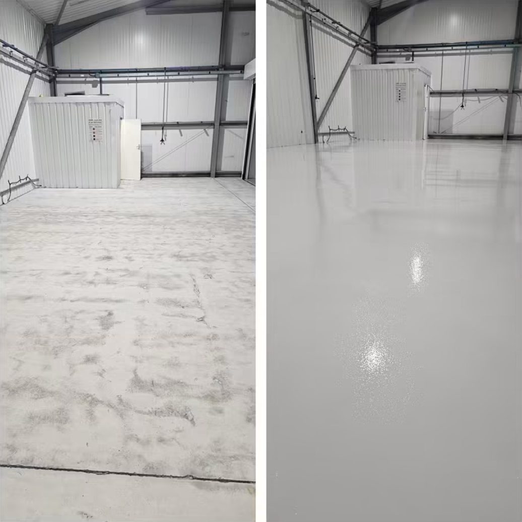 Before and after manufacturing resin flooring at Eriez Magnetics Europe in Caerphilly