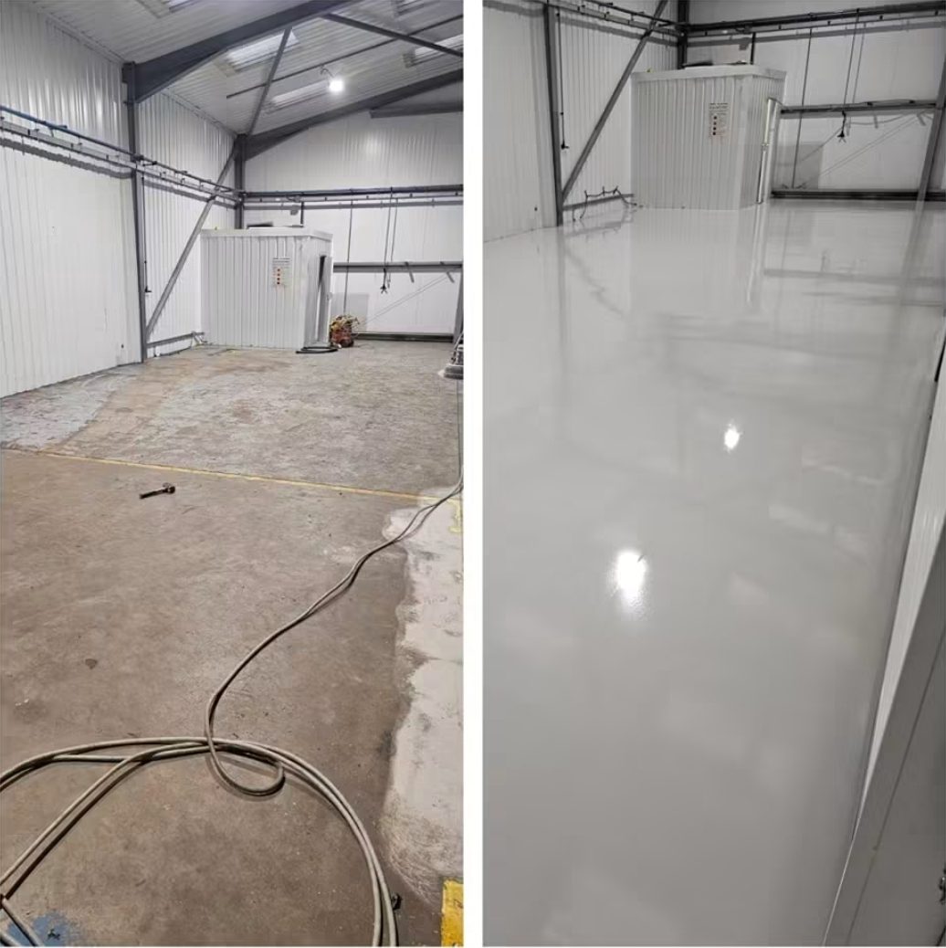 Before and after flooring transformation at the Eriez manufacturing project