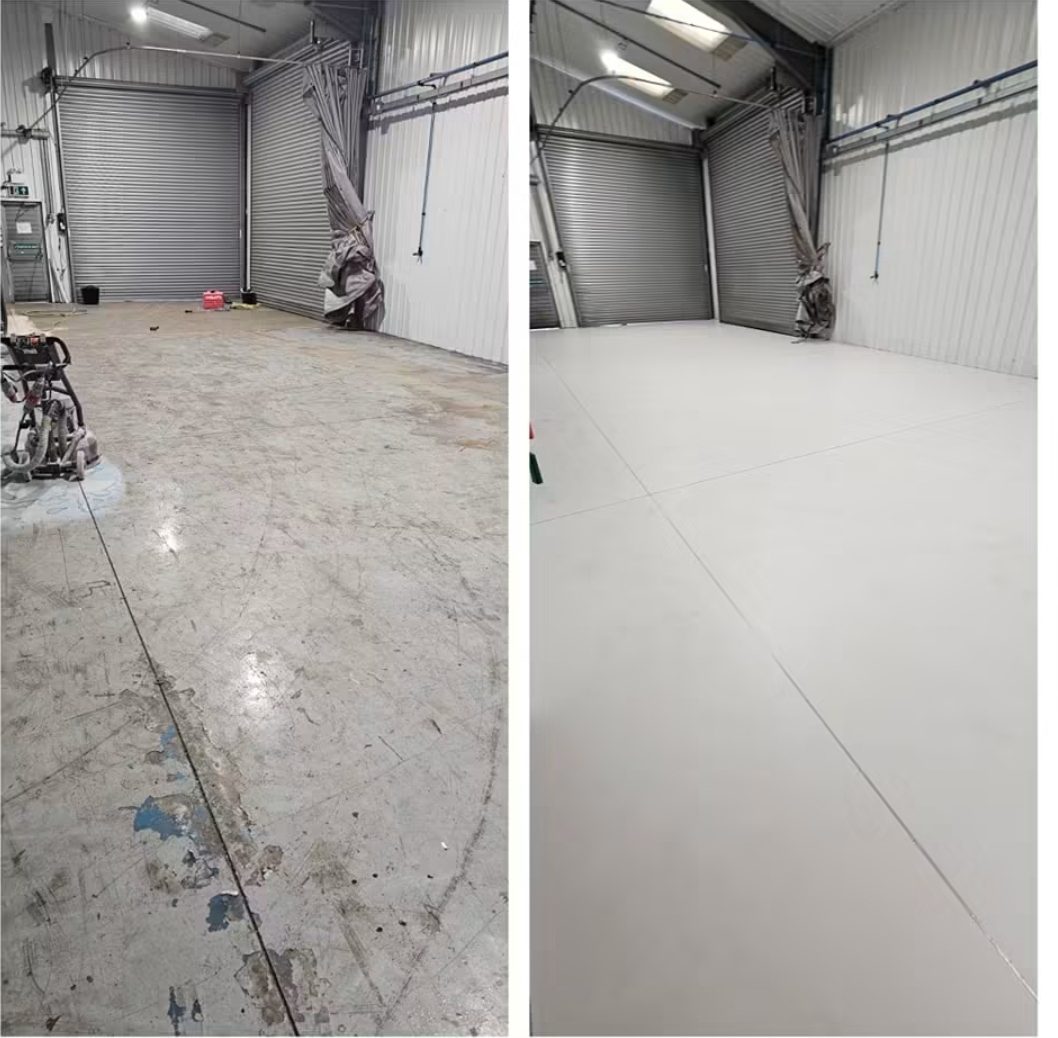 Before and after resin flooring beside the roller shutter doors at Eriez Magnetics Europe
