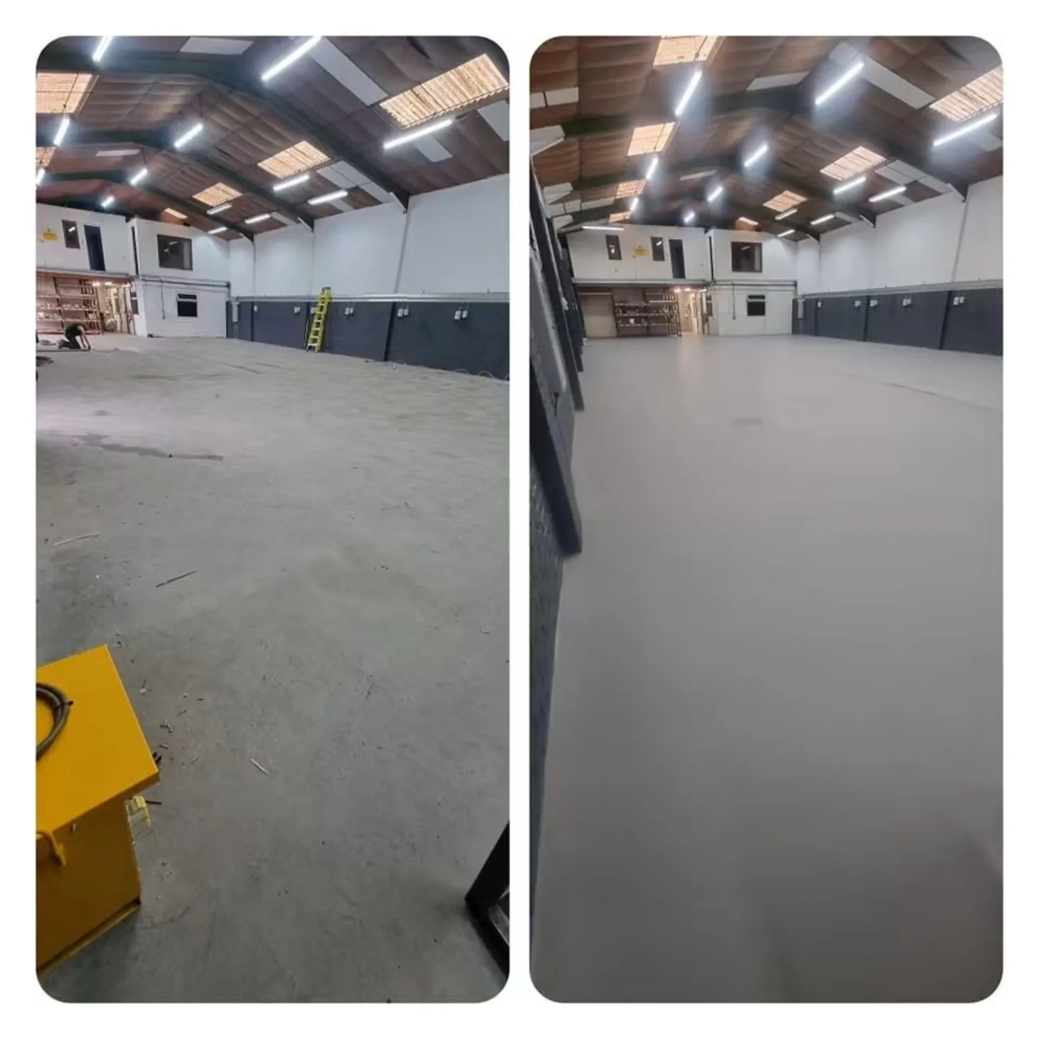 Before and after heavy duty polyurethane flooring installation in a Cardiff welding workshop