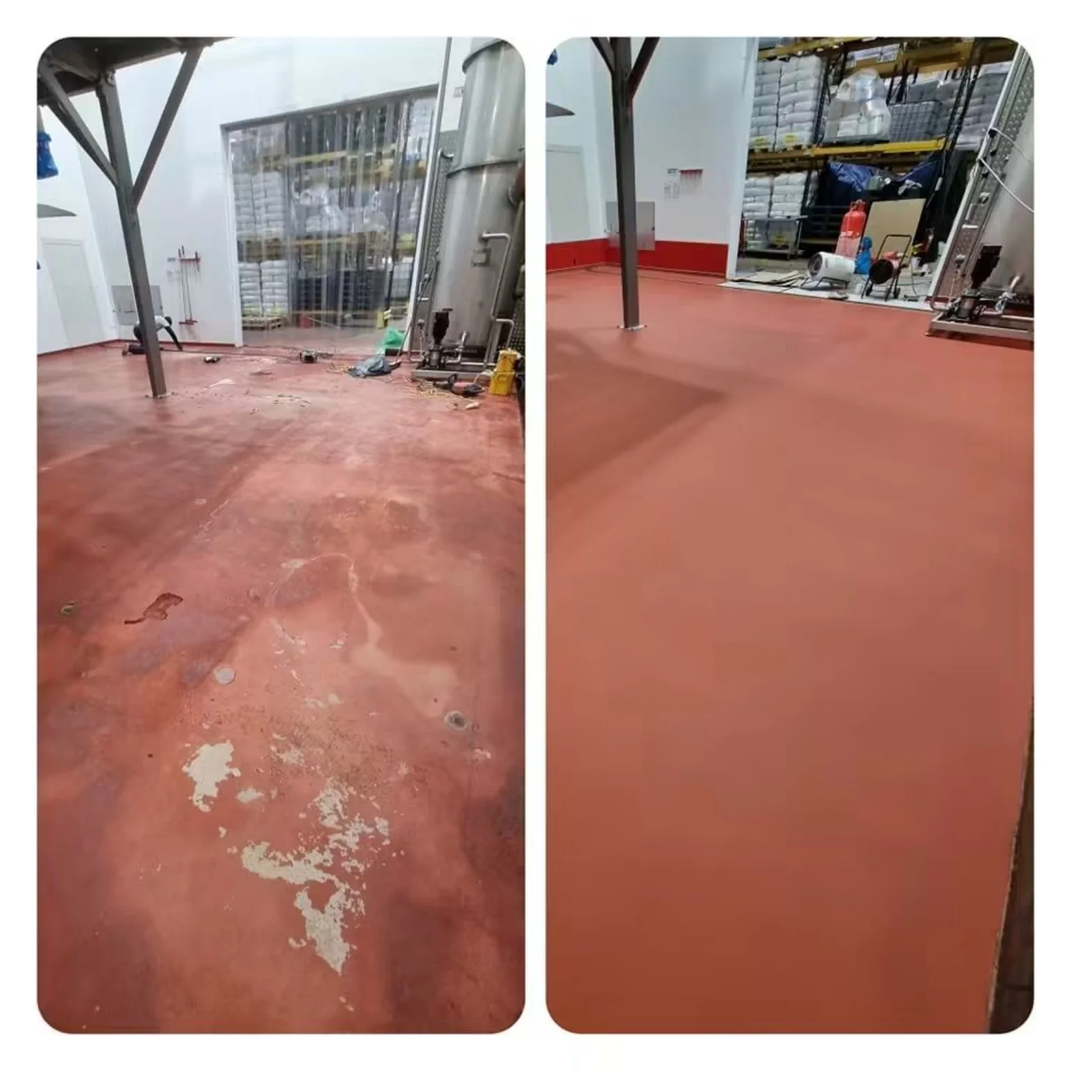 Before and after heavy duty polyurethane food processing flooring in Ebbw Vale