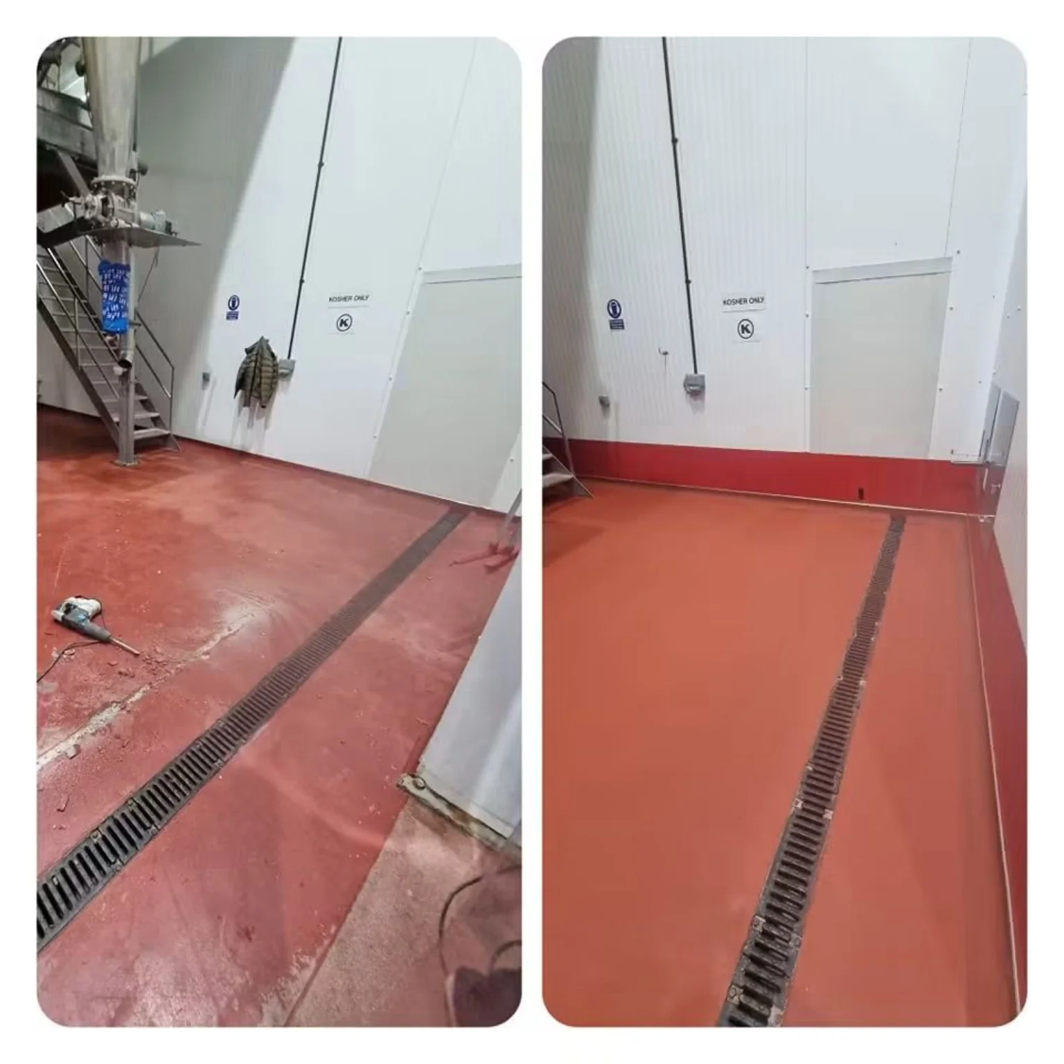 Ebbw Vale food production floor before and after Resdev Pumadur HF polyurethane screed installation