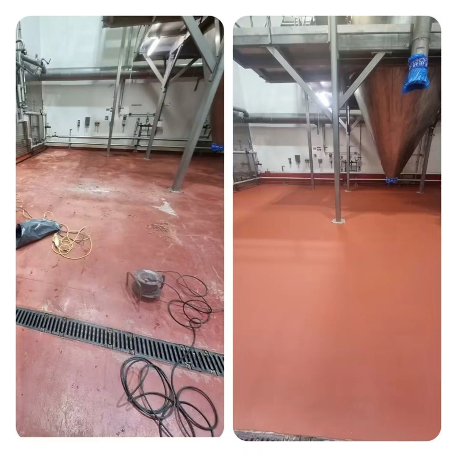 Polyurethane flooring with hygienic coving and red cladding band at Ebbw Vale food facility