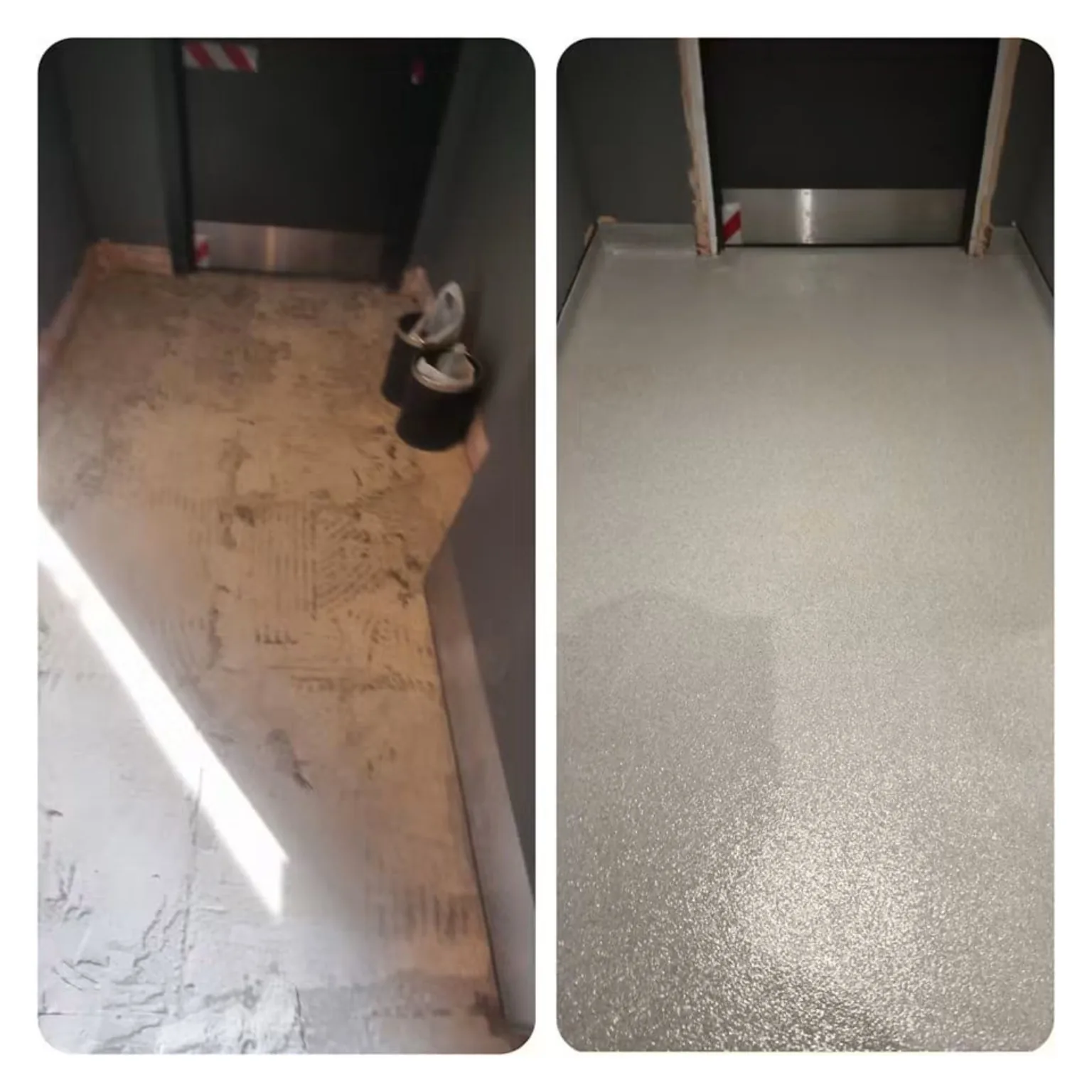 Before and after anti-slip resin flooring in a Village Hotel Bristol changing room
