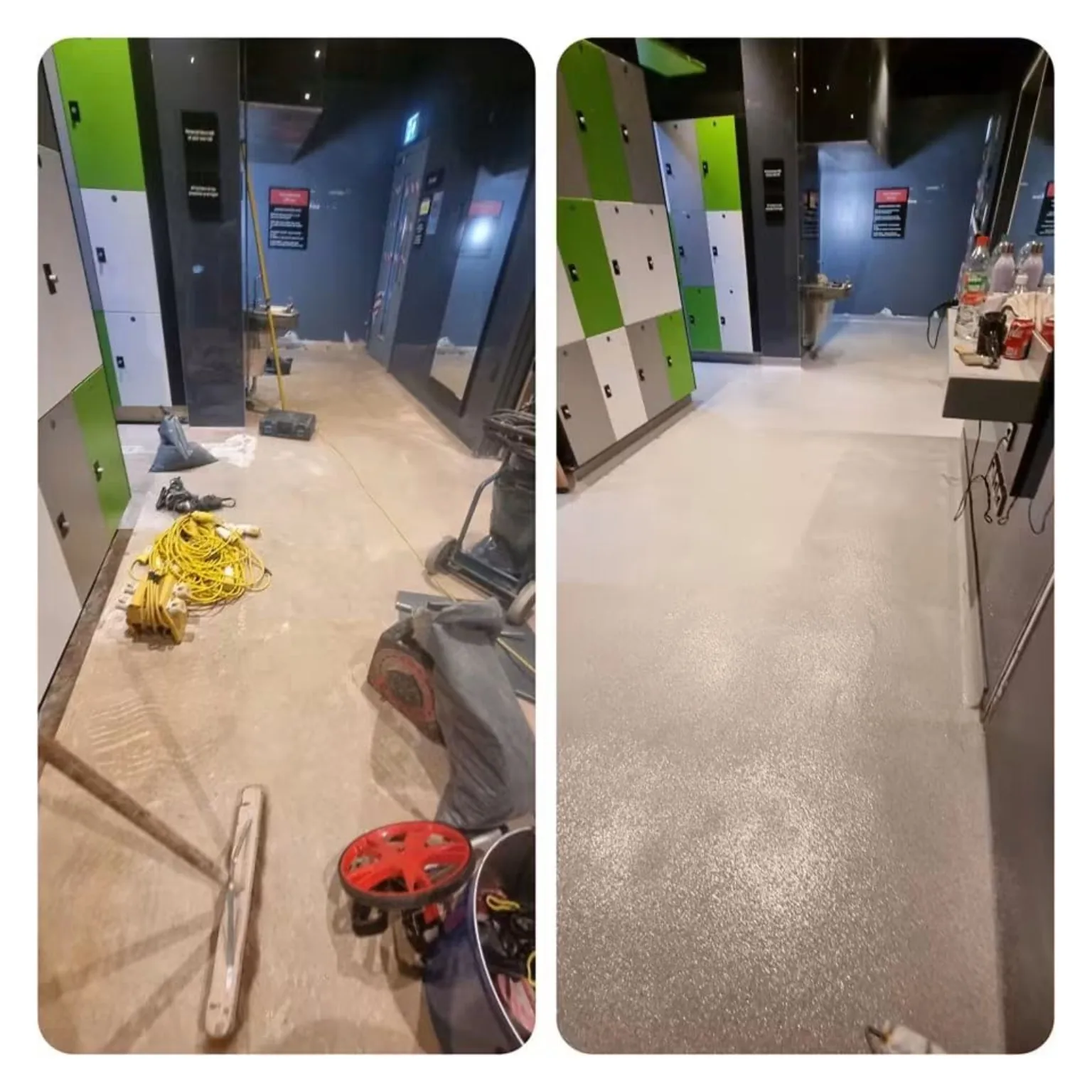 Before and after anti-slip resin flooring in the locker room at Village Hotel Bristol