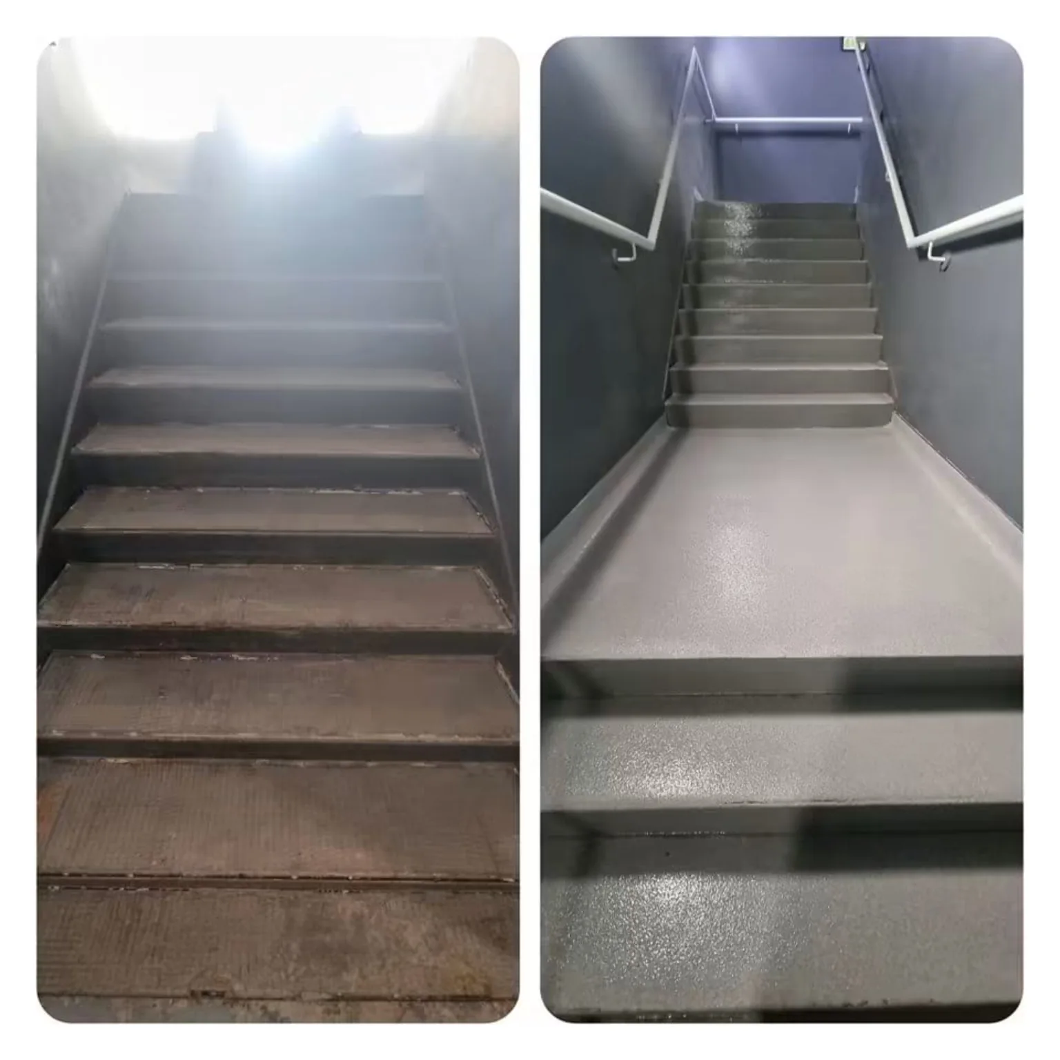 Before and after resin flooring refurbishment to stairs at Village Hotel Bristol