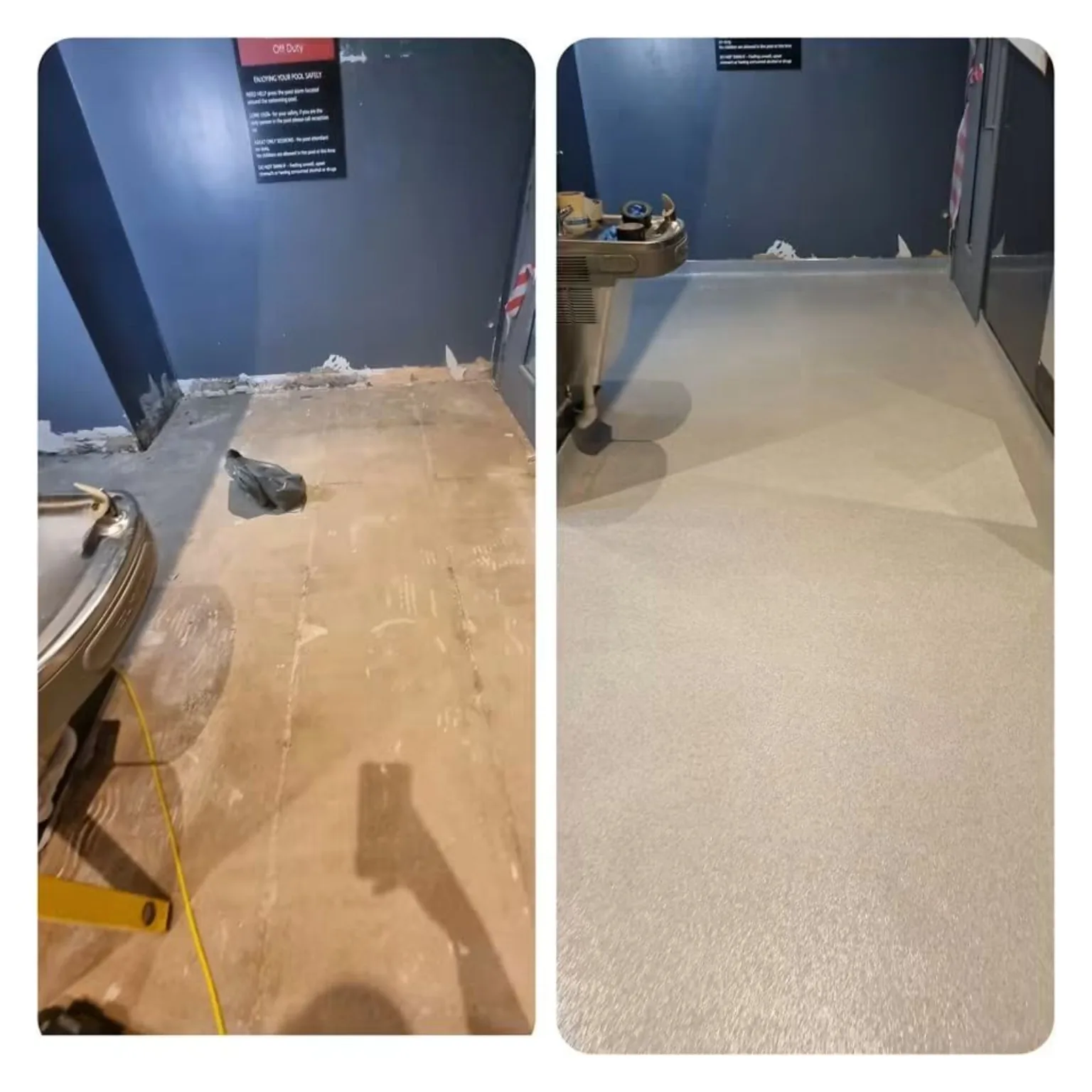 Before and after wet-area resin flooring at Village Hotel Bristol
